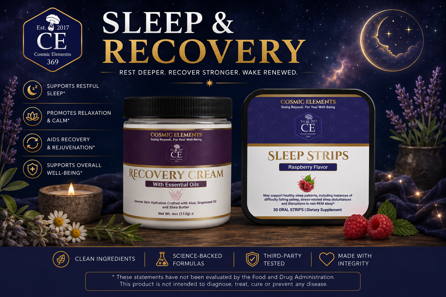 Sleep and recovery collection featuring recovery cream and sleep strips